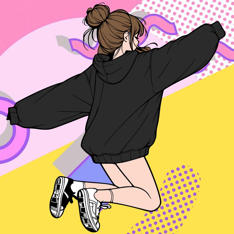 realistic girl jumping with a bun and oversized sweatshirt