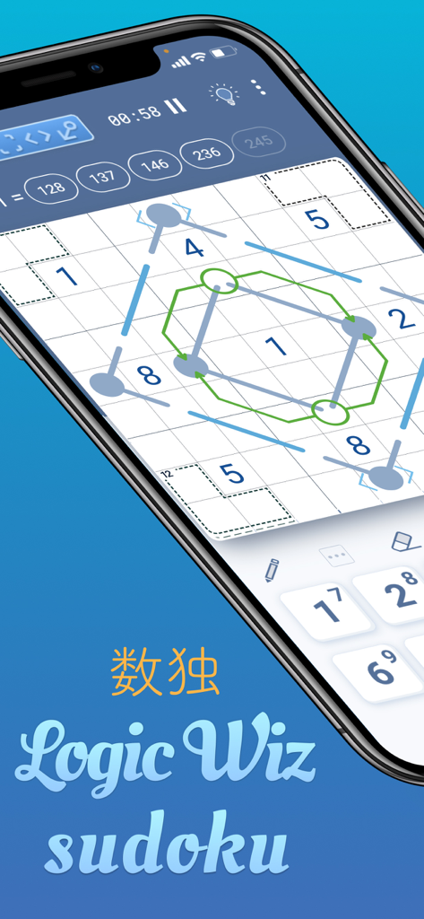 Sudoku & Variants by Logic Wiz - Smartphone screen showing a Sudoku variant puzzle with complex logic paths and geometric lines on a grid