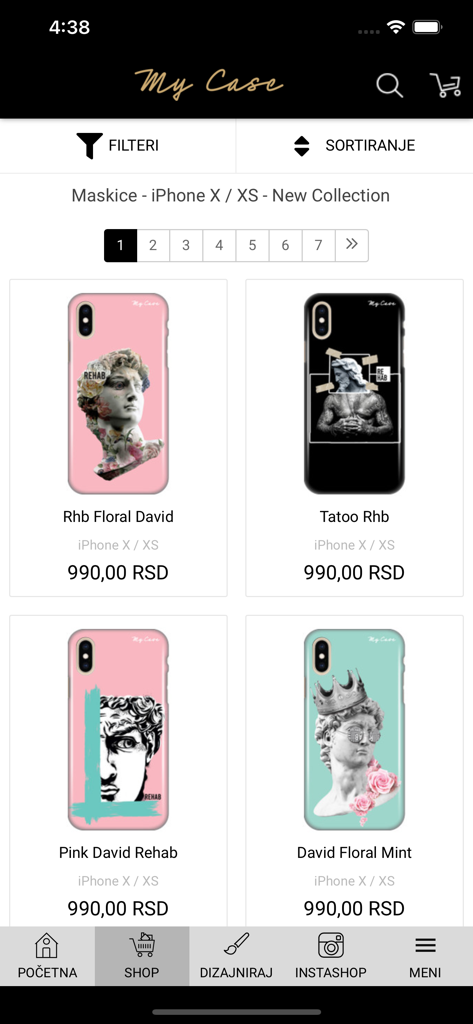 A mobile app screen showing a collection of artistic iPhone X cases with classical David motifs and floral designs