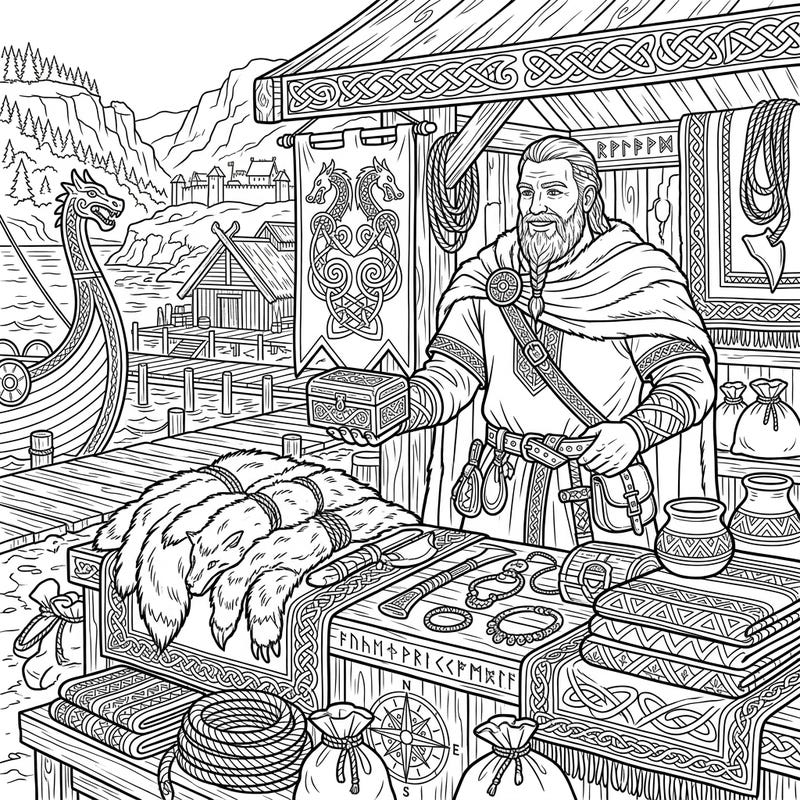 Immerse yourself in the world of Norse commerce with this highly detailed Viking trader coloring page. Designed for adults, it offers complex patterns and a rich historical scene for a rewarding coloring experience.