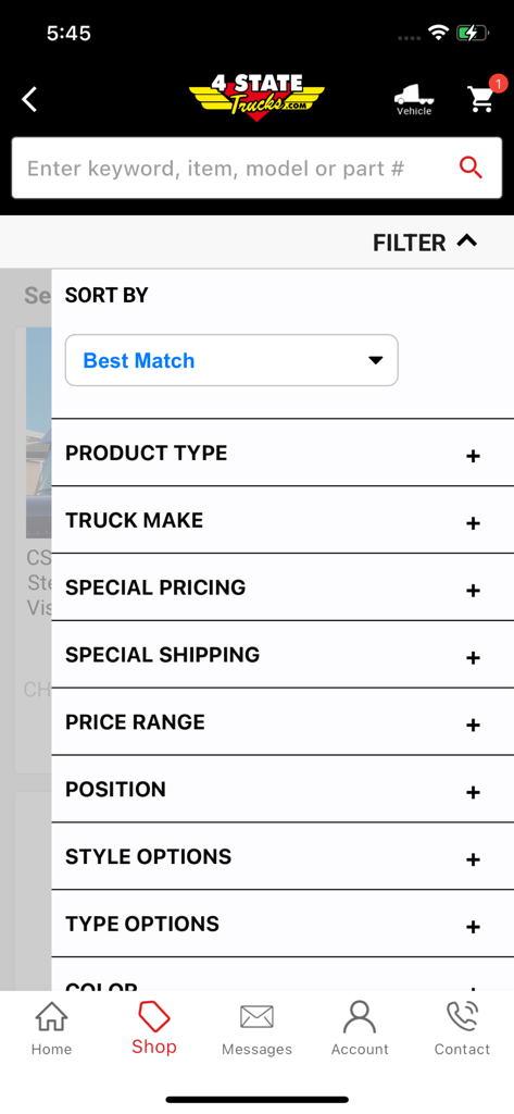 4 State Trucks - Search filter menu in the 4 State Trucks app for semi-truck parts by make and model