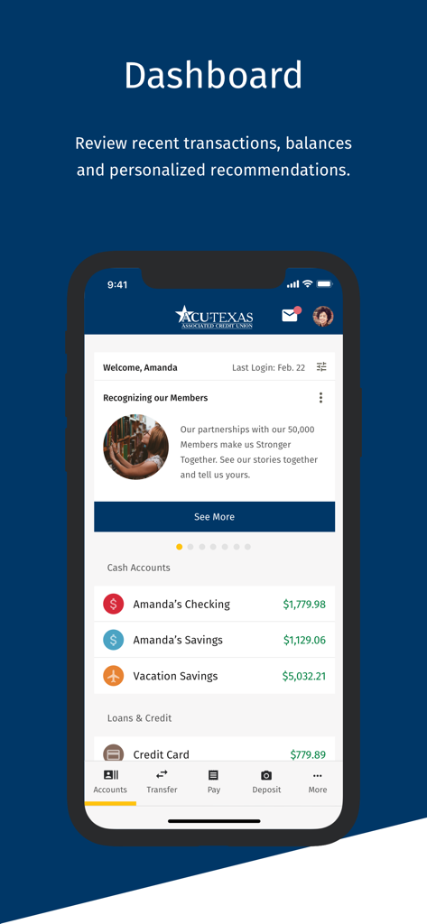 Dashboard of the ACU of Texas Mobile Banking app displaying account balances and a navigation menu