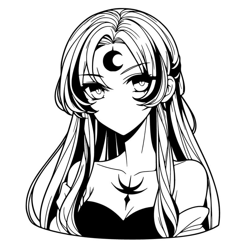anime female, long hair with undercut, crescent moon tattoo on forehead