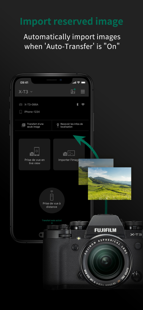 FUJIFILM Camera Remote - FUJIFILM Camera Remote app interface showing automatic image transfer from a Fujifilm X-T3 camera to a smartphone.