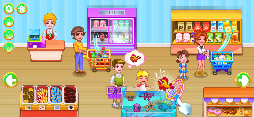 Supermarket Go Shopping - Cartoon characters shopping for groceries and catching fish in a colorful supermarket educational game.