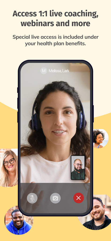Lark Health - Smartphone showing a one on one live video coaching session with a Lark health coach