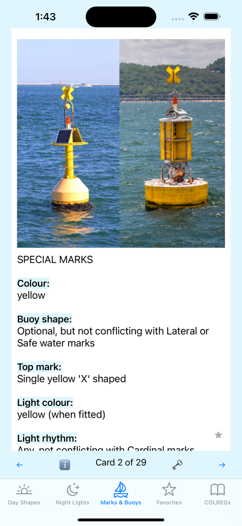 Sail Safe - Informational card about special marks buoys with photos and navigation details