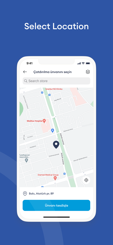 Badamlı - Bildschirm der Badamli-Wasserliefer-App, der eine Kartenoberfläche zur Auswahl einer Lieferadresse zeigt.
