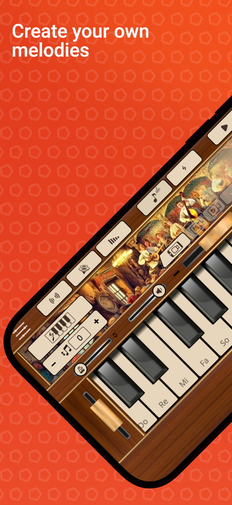 Balalaika - A smartphone screen showing the Balalaika Sim musical app interface with a keyboard and the text Create your own melodies