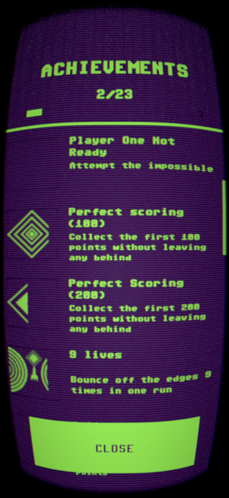 Star Jolt: Retro Space Arcade - Achievements menu in Star Jolt showing various gameplay goals with a retro CRT aesthetic
