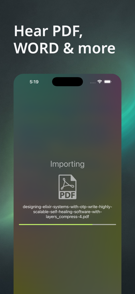 Aloud!, text to speech reader - Interface of the Aloud app importing a PDF document with the headline Hear PDF, Word and more