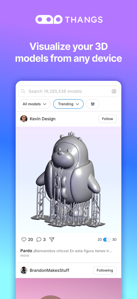 Thangs - Oberfläche der Thangs-App, die ein 3D-Modell eines Charakters mit Stützstrukturen für den 3D-Druck anzeigt.