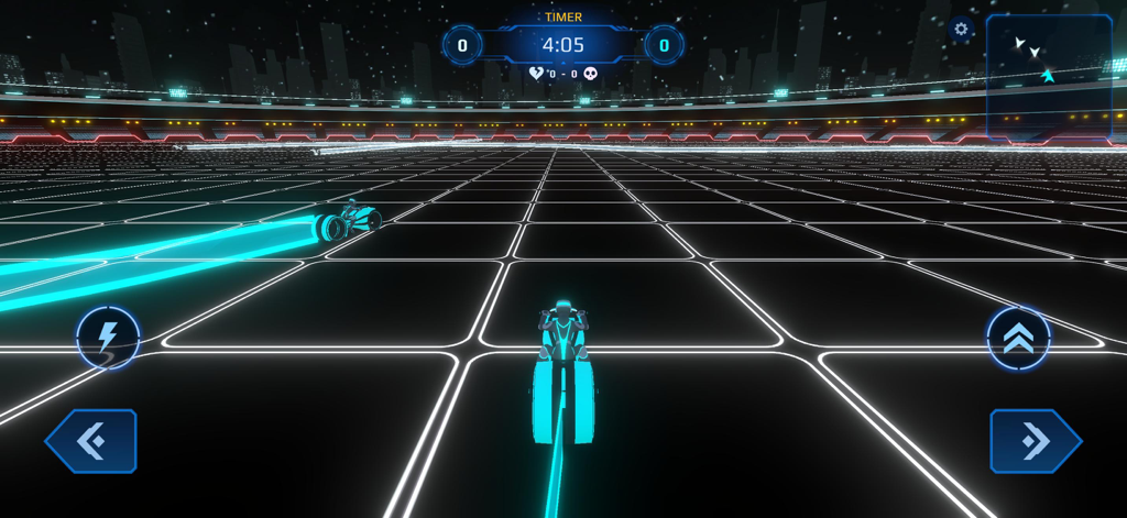 Neon light bike racing in a futuristic grid arena