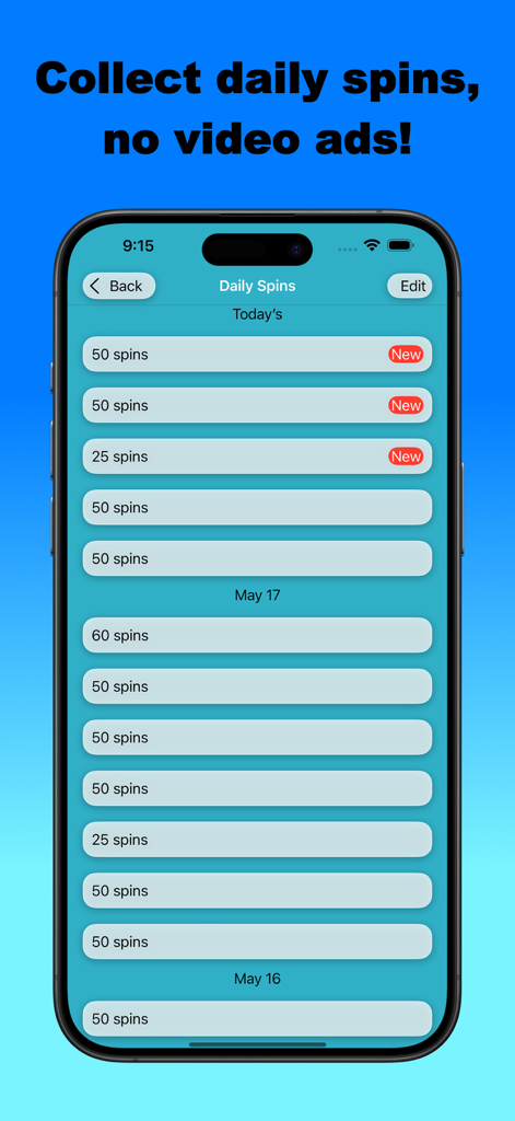 Master of spin and coin - A screen displaying a list of daily spin rewards for Coin Master organized by date with new badges