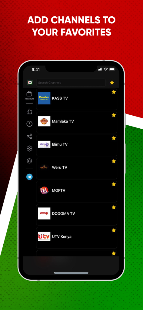 KeniStream: Watch Live TV - A mobile app screen showing a list of favorite Kenyan TV channels like KASS TV and UTV Kenya.
