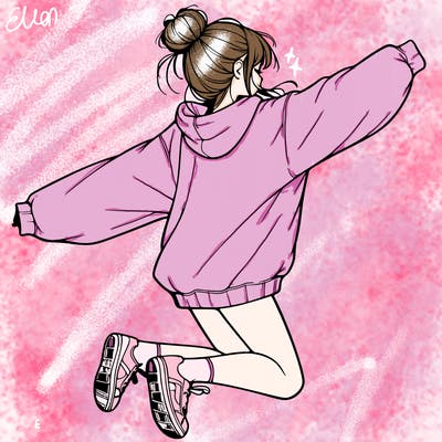 realistic girl jumping with a bun and oversized sweatshirt