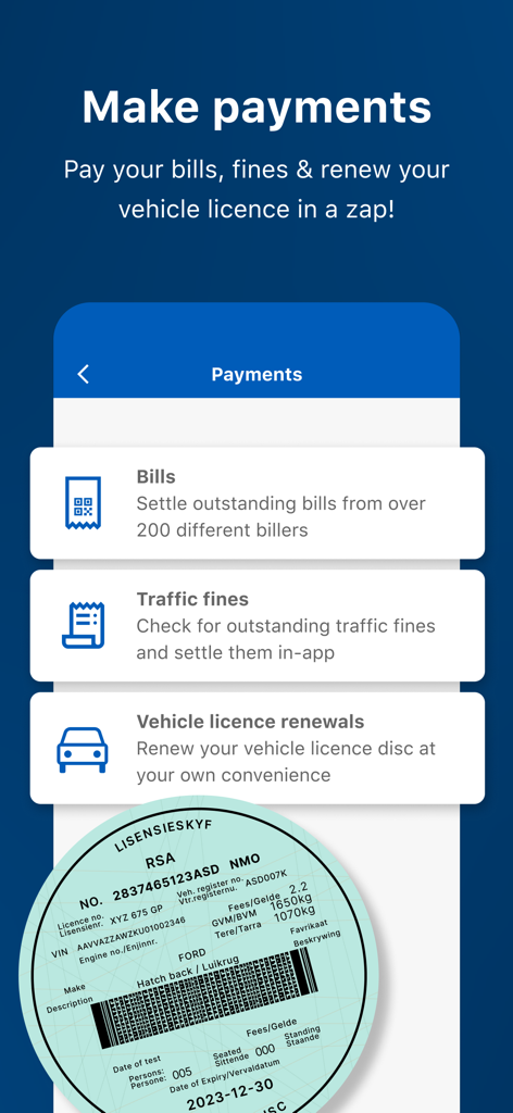 Zapper™ QR Payments & Rewards - Zapper app screen showing options to pay bills traffic fines and renew vehicle licenses