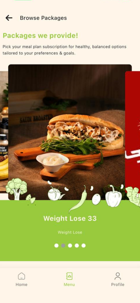 Fitness Kitchen App - Fitness Kitchen App interface showing available meal plan packages for weight loss