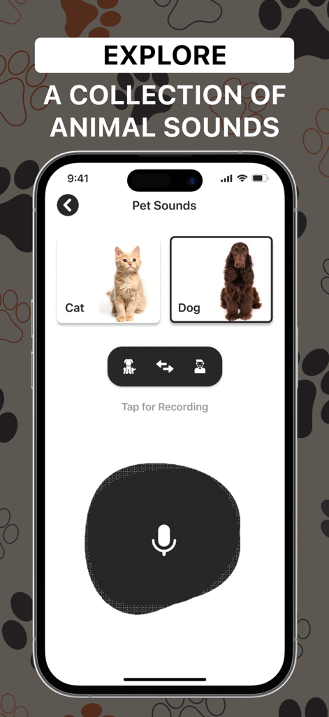 Cat & Dog: Pet Sound Talking - Interfaz de la aplicación Cat and Dog Pet Sound Talking con tarjetas de selección de gatos y perros y un botón de grabación para la traducción de mascotas.