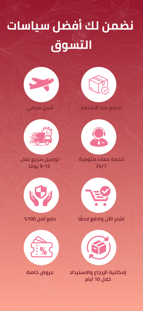 Qivon app shopping features and customer service policies presented with icons