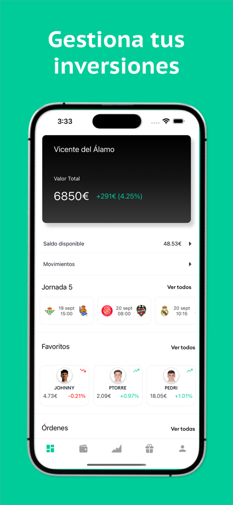 Futbit - Futbit app screen showing total investment value and soccer player stock prices