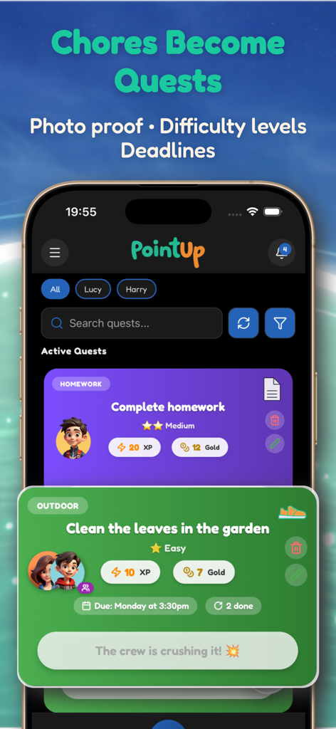 PointUp: Kids Chore Tracker - Interfaz de la aplicación PointUp que muestra tareas transformadas en misiones con recompensas de XP y oro