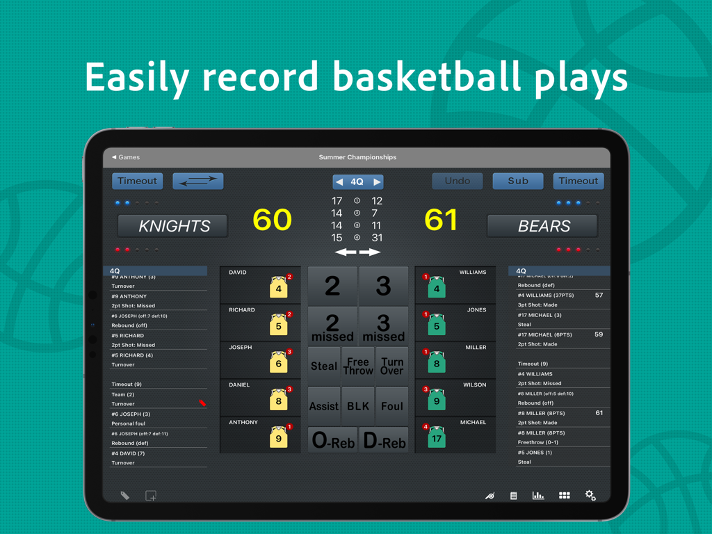 HOOP J for Basketball Scores - iPad interface of HOOP J app showing a live basketball game score and player statistics tracking
