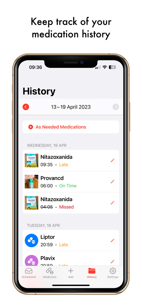 Medication history screen showing a list of taken and missed doses in the Pill Reminder app
