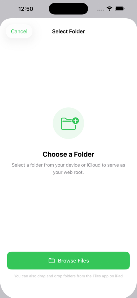 Interfaz de la aplicación MicroServer mostrando la opción de seleccionar una carpeta del dispositivo o iCloud para servir como raíz web