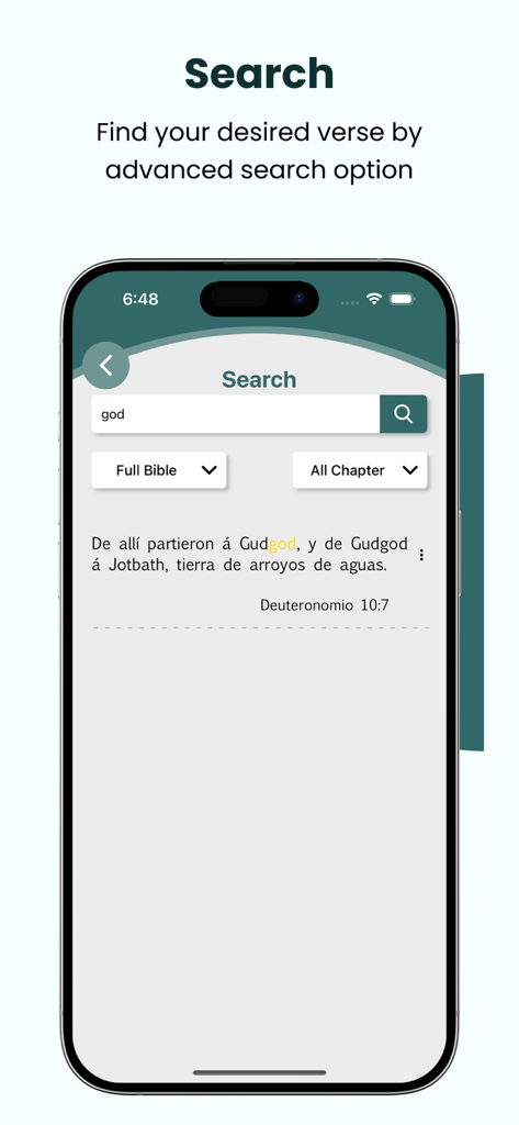La Biblia del Oso 1569 + Audio - Mobile app interface showing the advanced search feature for Bible verses in La Biblia del Oso 1569.