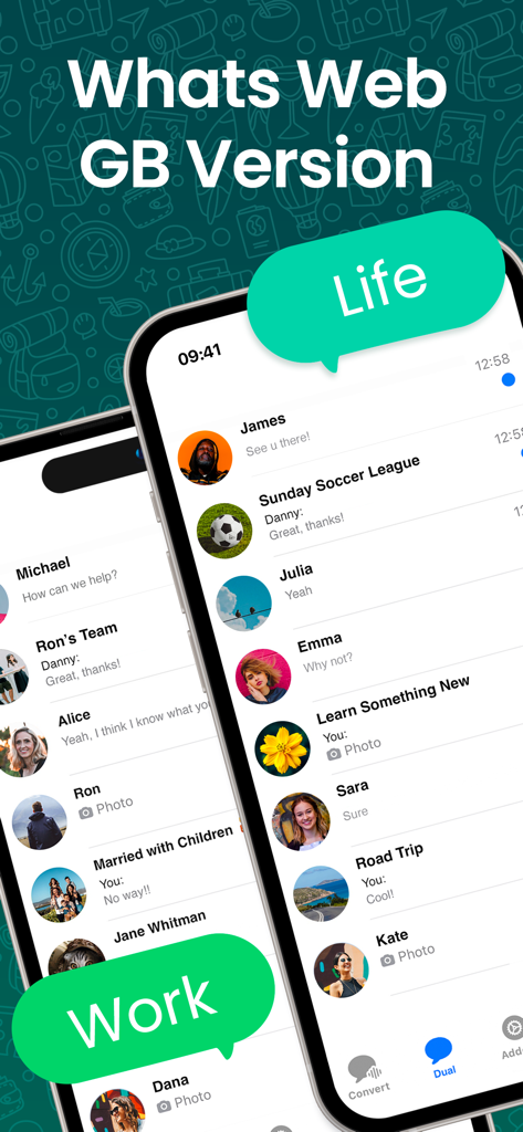 Interface of Messenger Duo app showing dual chat accounts to separate personal life and work conversations on one device