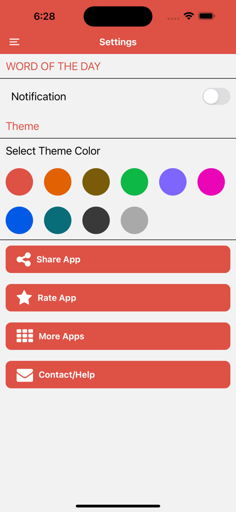 Pantalla de configuración de la aplicación Términos Médicos en Español que muestra la selección del color del tema y las opciones de notificación.