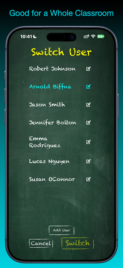 TimesX Times Tables Tester - A switch user screen in the TimesX app showing a list of student names on a green chalkboard background.