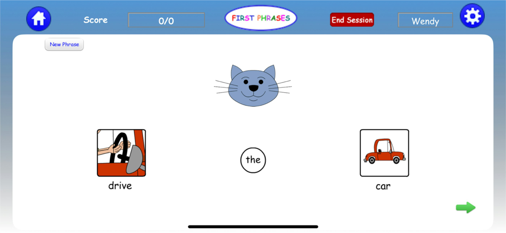 First Phrases HD - Screenshot of First Phrases HD app showing a blue cat character and visual icons for the phrase drive the car