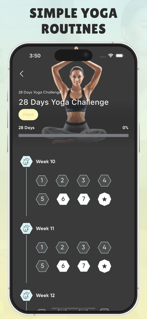 Yoga for Beginner Weight Loss - Yoga app interface showing a 28 day challenge and simple weekly yoga routines