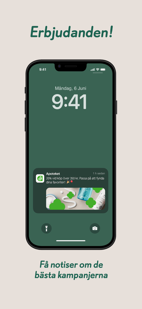Apoteket - Smartphone lock screen displaying a push notification for promotional offers from the Apoteket app