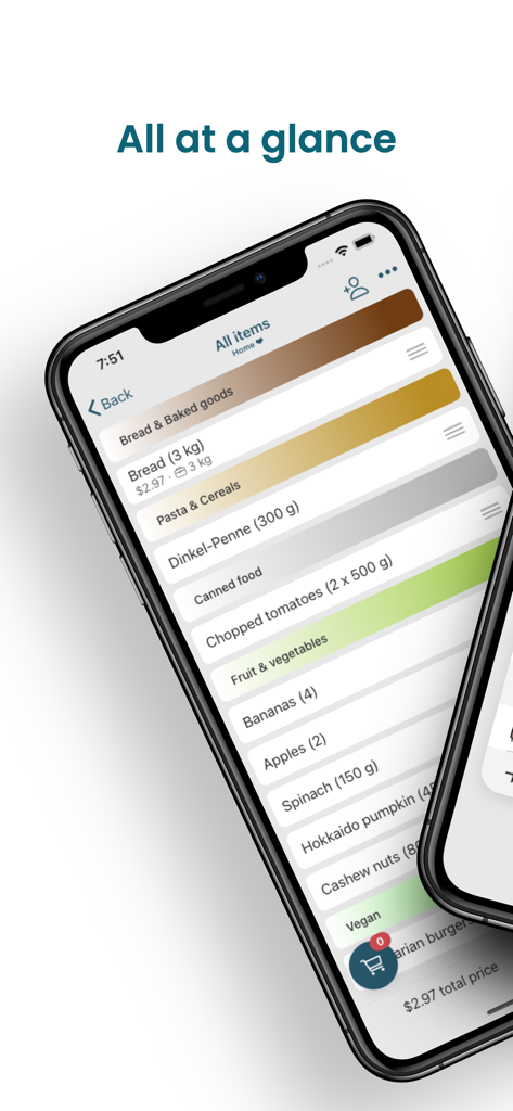 Pantrist - Shopping & Pantry - Categorized inventory list in the Pantrist app showing food items and quantities on an iPhone.
