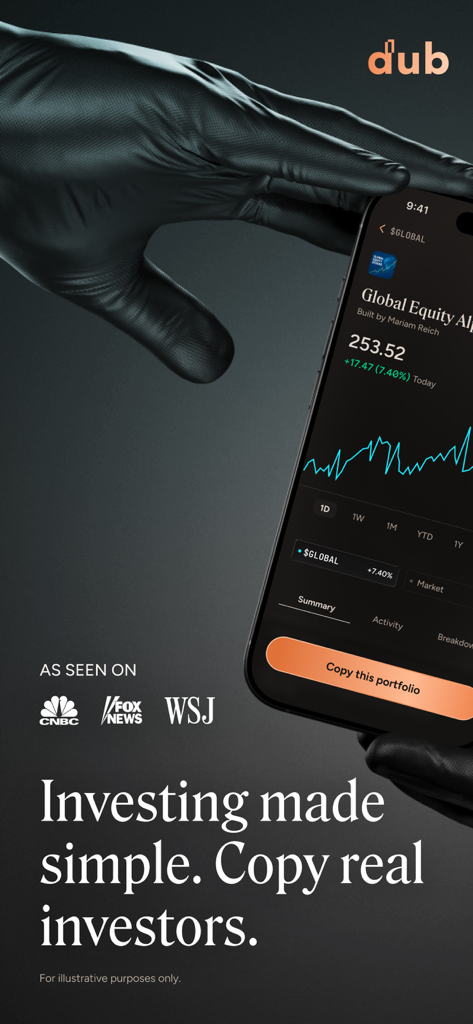 dub | Copy Trade Anyone - A smartphone showing the dub app interface with a button to copy a real investor portfolio and stock performance chart.