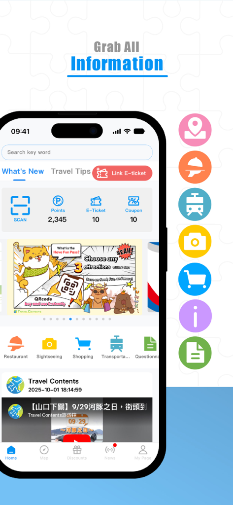 Home screen of the Travel Contents mobile app showing user points coupons and travel categories