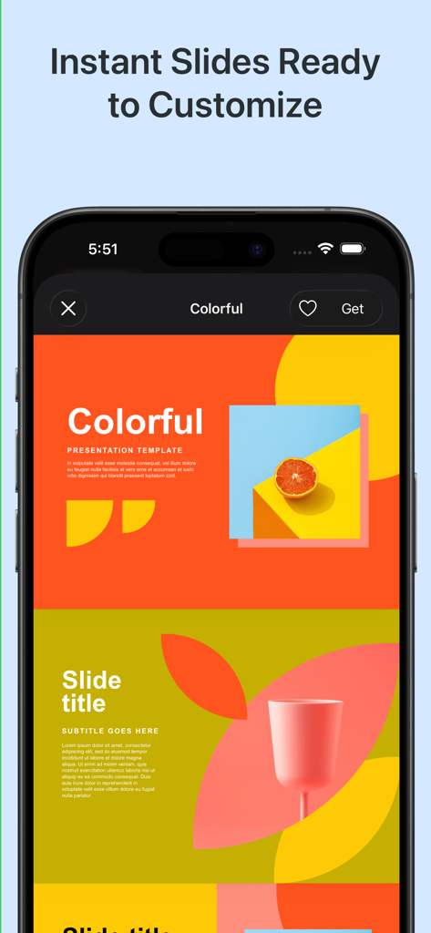 Toolbox for Keynote: Templates - Uma tela de smartphone mostrando modelos de slides vibrantes e profissionais para Keynote do aplicativo Toolbox.