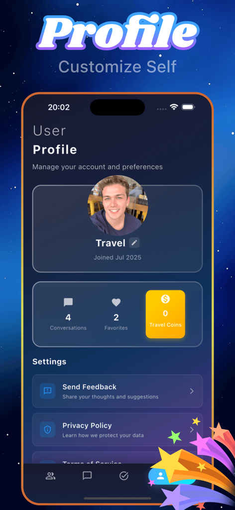 User profile interface of the Pikaa AI travel document assistant app showing settings and travel coins