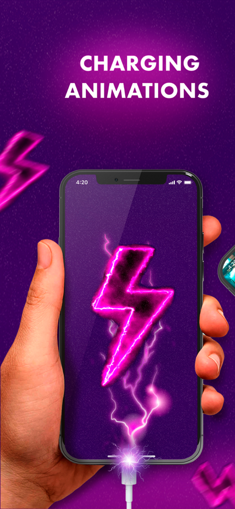 Neon pink lightning bolt charging animation on a smartphone screen