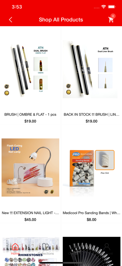 ATN Nail Supply - A product listing page on the ATN Nail Supply app featuring brushes LED nail lamps and professional sanding bands