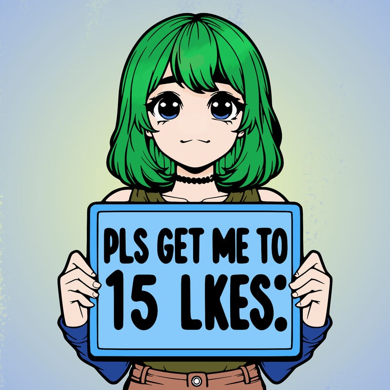 realistic girl holding up a sign that says “pls get me to 15 likes!”