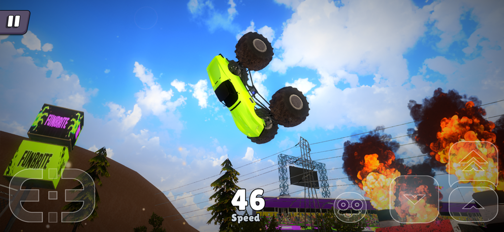 Off Road Mania: 4x4 Car Games - A neon green monster truck performing a mid-air flip with explosions in the background of a stadium