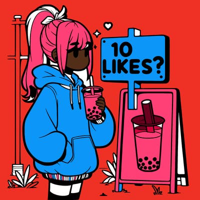 girl with oversized hoodie drinking boba and she has a high ponytail with a sign that says 10likes?
