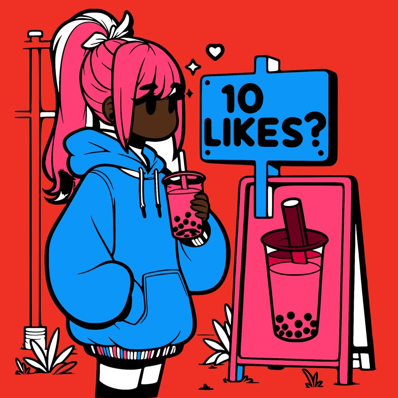 girl with oversized hoodie drinking boba and she has a high ponytail with a sign that says 10likes?