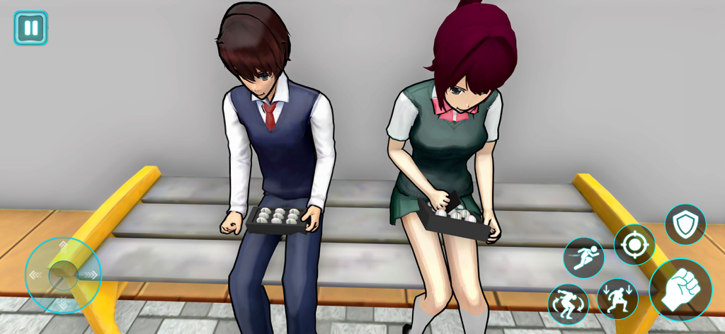Two anime characters in school uniforms sitting on a bench in a high school simulator game