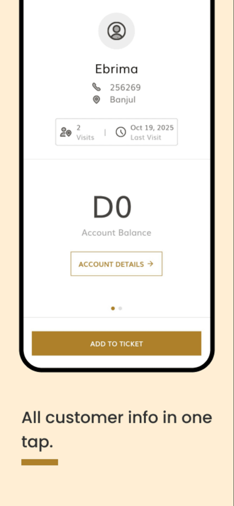 Waychit POS - Customer profile screen on Waychit POS app showing contact info and visit history