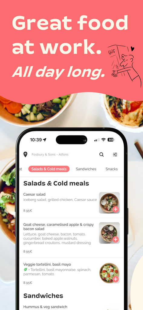 Gus Foods - Gus Foodsモバイルアプリの画面には、ワークプレイスのスマート冷蔵庫向けのヘルシーなサラダとミールオプションが表示されています。